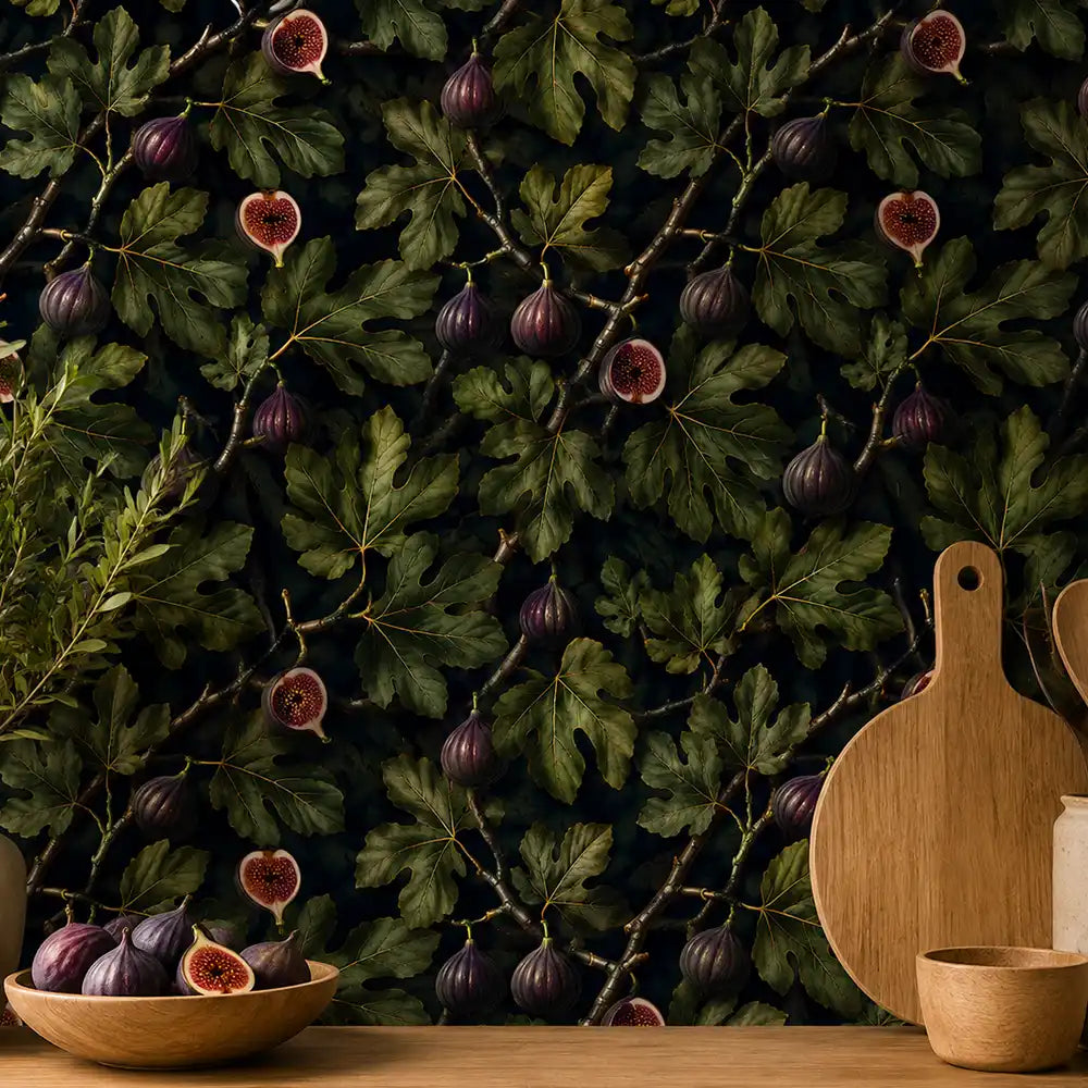 Dark fig garden wallpaper full bedroom installation, moody deep botanical accent wall