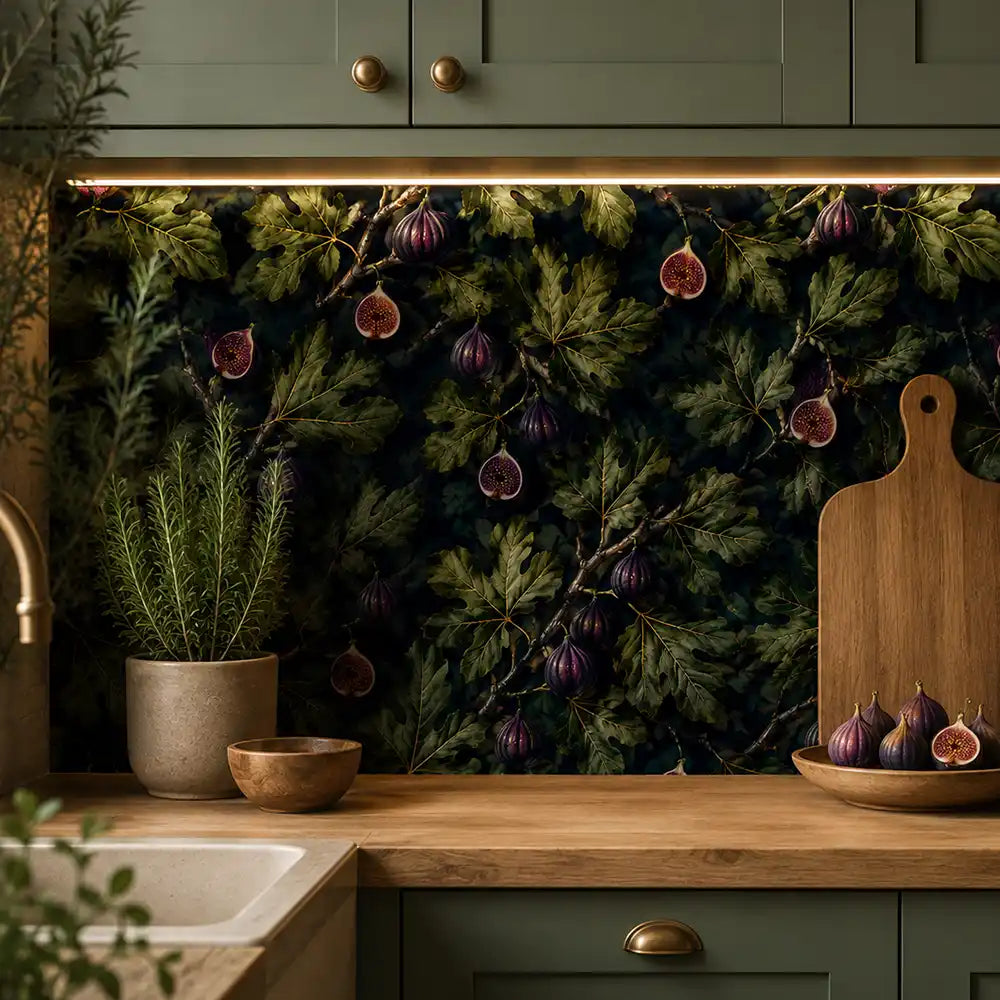 Fig garden peel-and-stick wallpaper canvas texture close-up, rich dark botanical finish