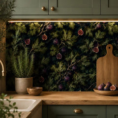 Fig garden peel-and-stick wallpaper canvas texture close-up, rich dark botanical finish