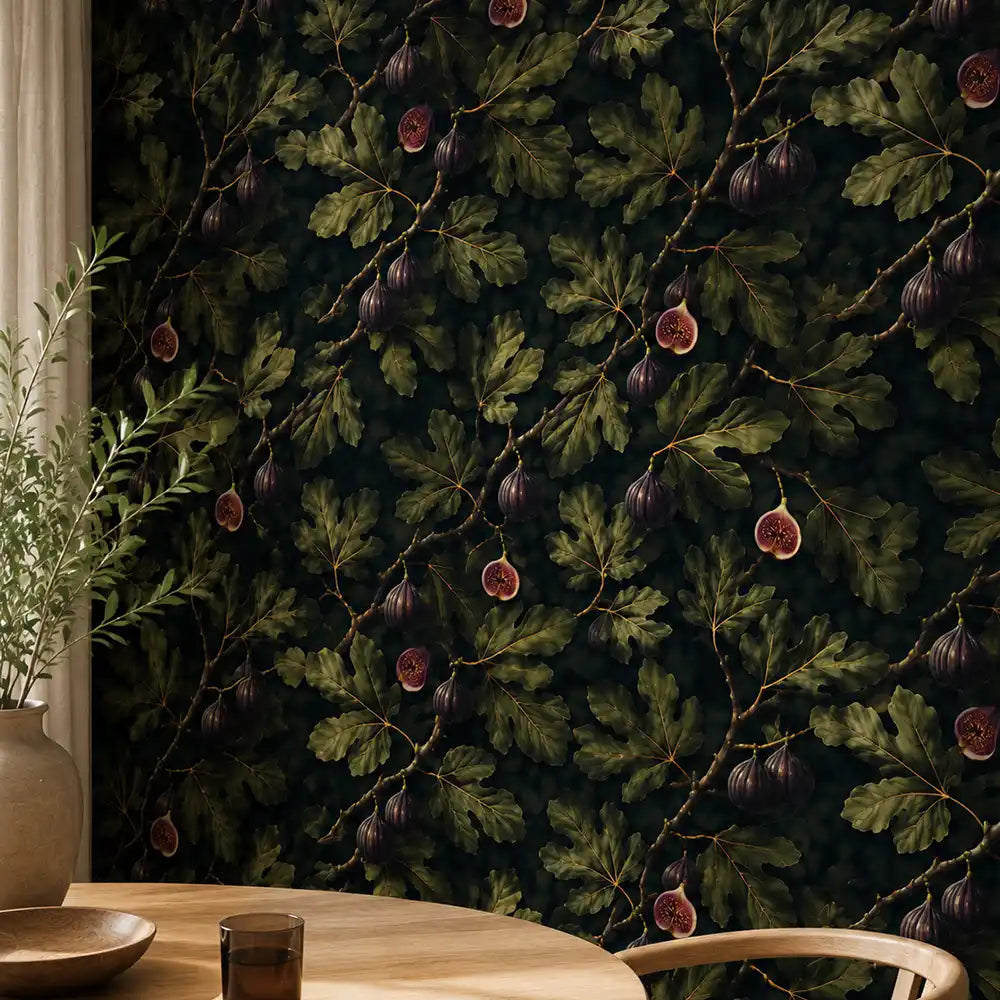 Moody fig botanical wallpaper in living room, dark green statement wall styling