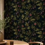 Moody fig botanical wallpaper in living room, dark green statement wall styling