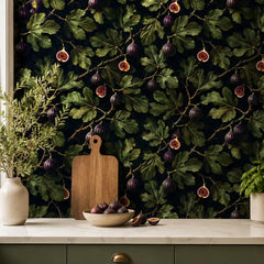 Midnight fig removable wallpaper sample tile showing pattern scale and dark green tone
