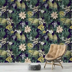 Bold jungle wallpaper full bedroom installation, moody dark botanical accent wall design