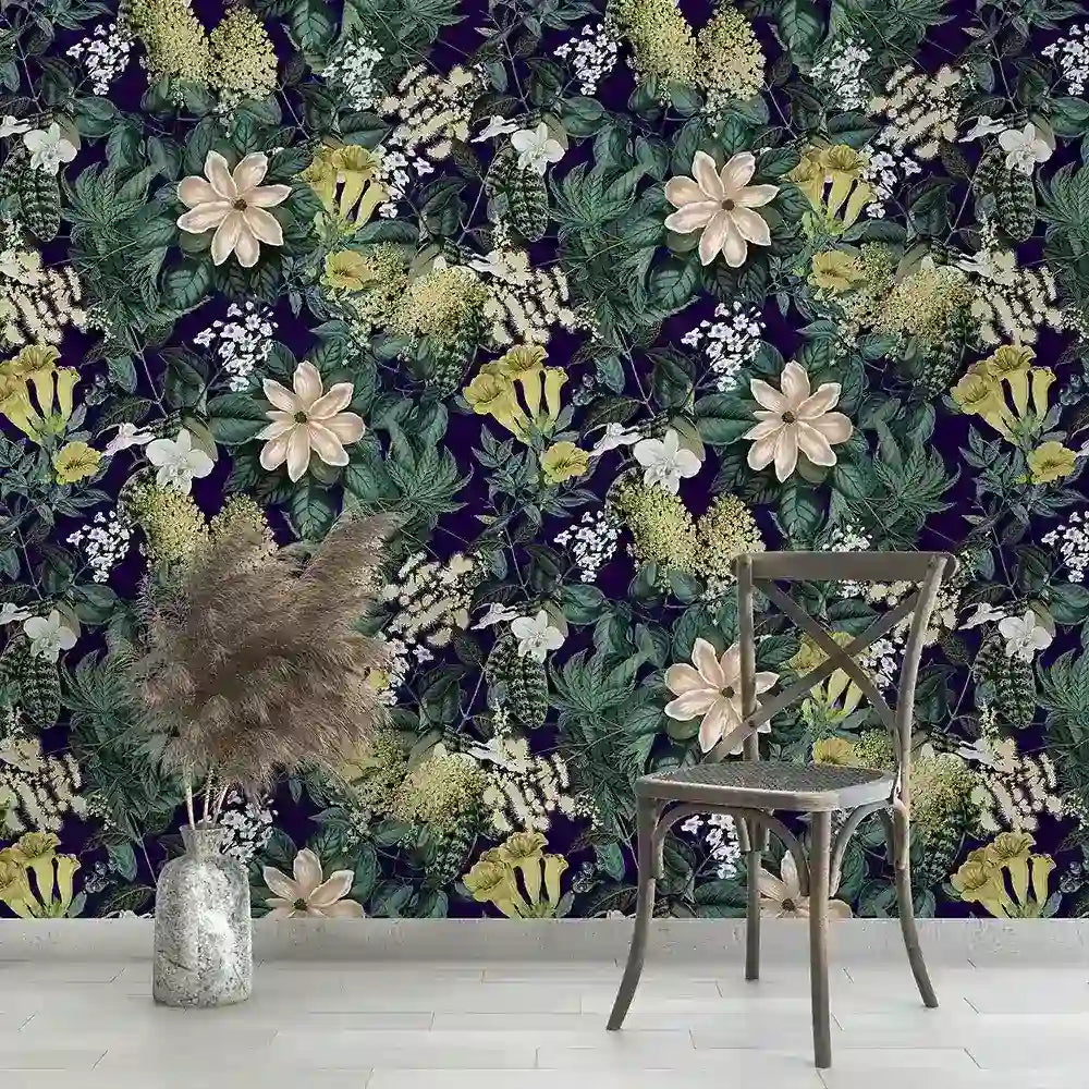 Midnight jungle floral wallpaper close-up with bold dark exotic flower and leaf detail