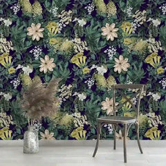 Midnight jungle floral wallpaper close-up with bold dark exotic flower and leaf detail