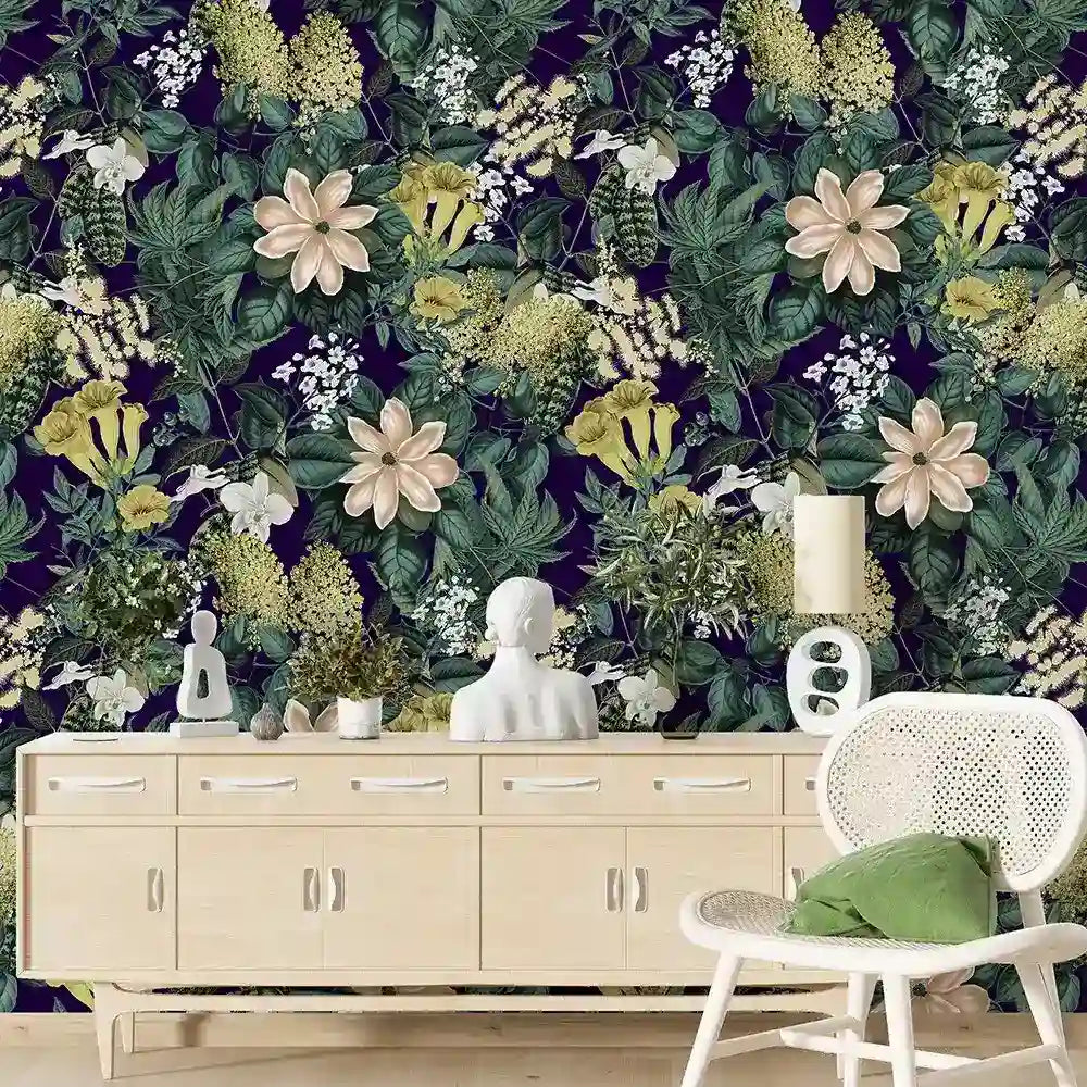 Jungle floral wallpaper sample tile showing dark emerald botanical pattern scale detail
