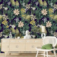 Jungle floral wallpaper sample tile showing dark emerald botanical pattern scale detail