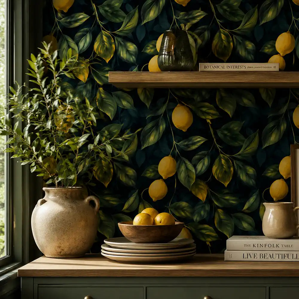 Dark lemon grove peel-and-stick wallpaper dining room feature wall, full pattern view