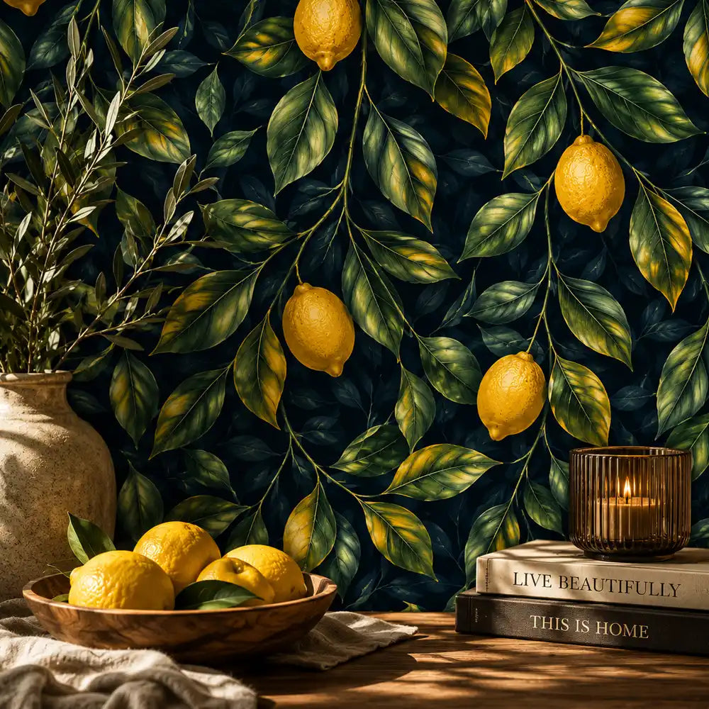 Dark lemon grove wallpaper close-up with forest green background and citrus fruit detail