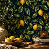 Dark lemon grove wallpaper close-up with forest green background and citrus fruit detail
