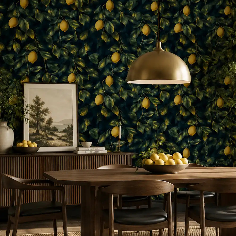 Midnight citrus wallpaper installed in kitchen backsplash area, moody botanical look