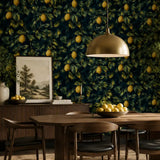 Midnight citrus wallpaper installed in kitchen backsplash area, moody botanical look