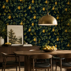 Midnight citrus wallpaper installed in kitchen backsplash area, moody botanical look