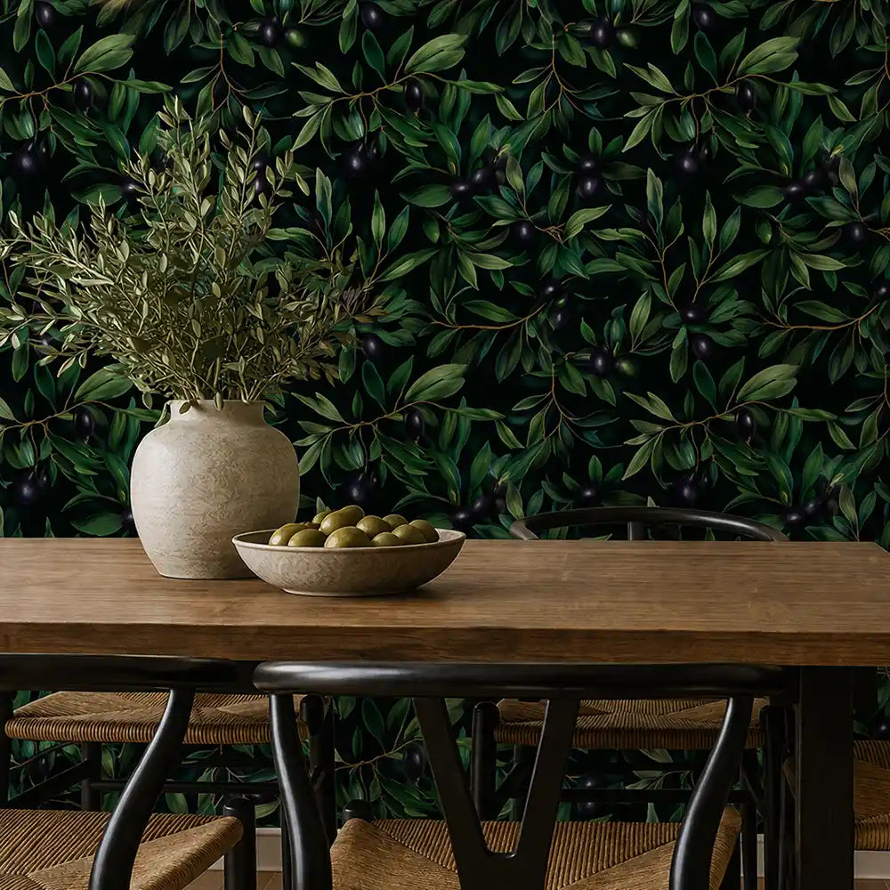 Olive grove peel-and-stick wallpaper close-up texture showing canvas material finish