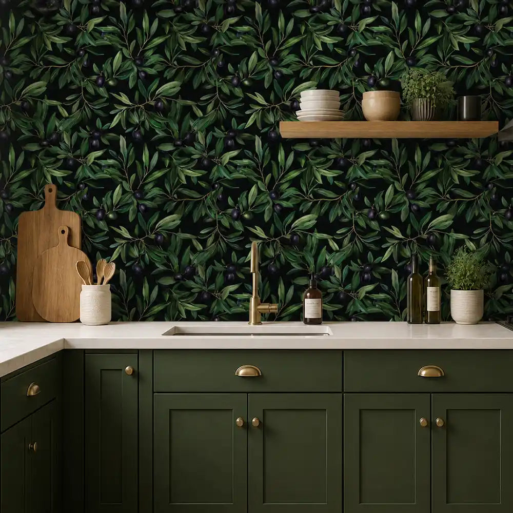 Midnight olive wallpaper sample tile with dark forest green and olive branch pattern