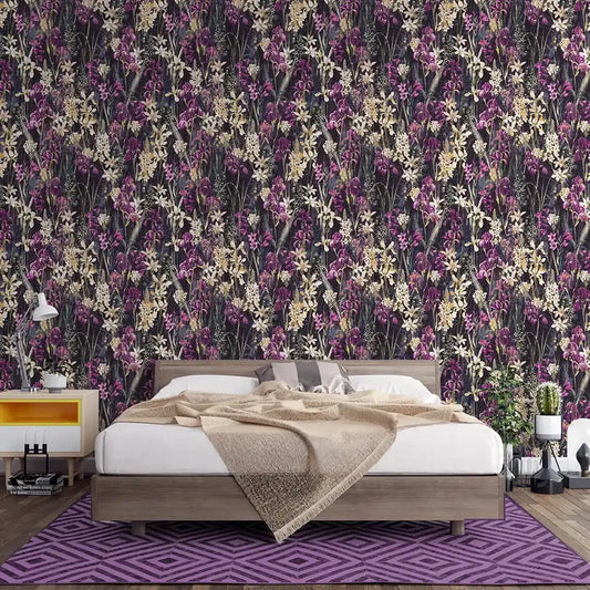 Midnight orchid floral wallpaper adds a deep and elegant botanical atmosphere.