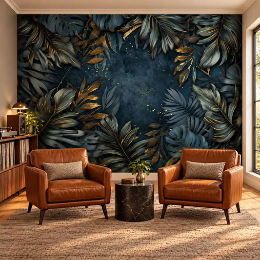 Midnight Tropica mural with navy and gold tropical leaves behind cognac leather armchairs