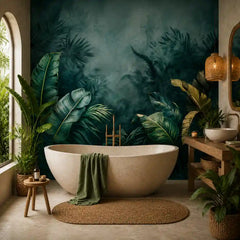 Midnight tropical mural in bedroom feature wall, dramatic forest and mist panorama