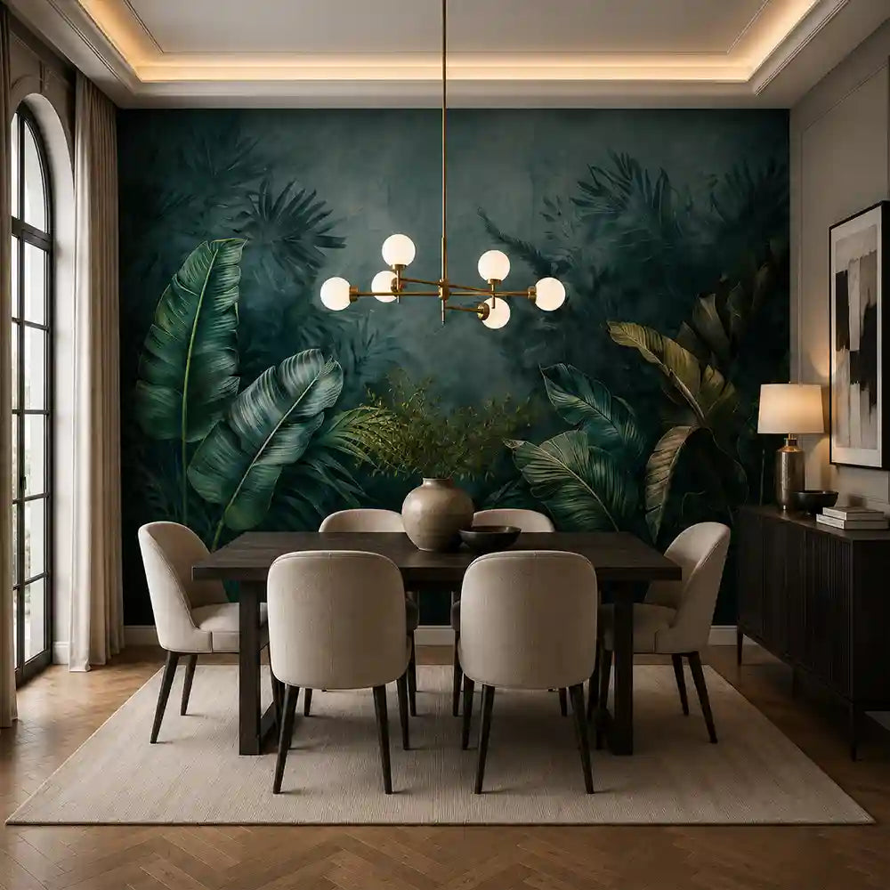 Dark tropical mural close-up detail showing misty jungle canopy and teal tones
