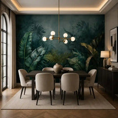 Dark tropical mural close-up detail showing misty jungle canopy and teal tones