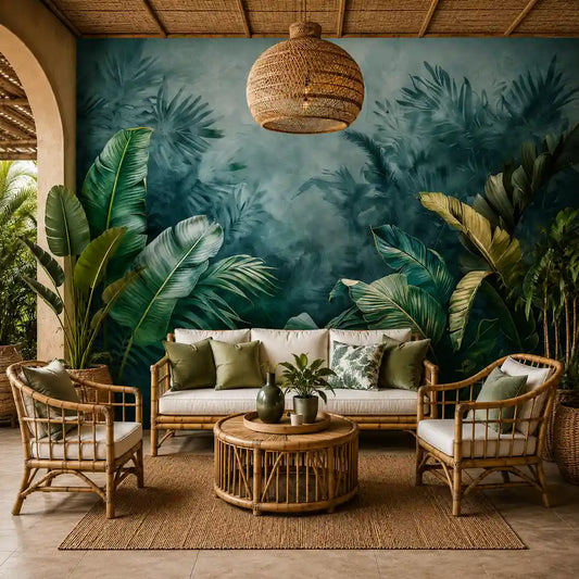 Midnight tropical mist mural full living room installation, moody dark atmosphere