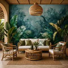 Midnight tropical mist mural full living room installation, moody dark atmosphere