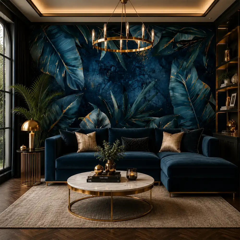 Midnight tropical luxe wallpaper in a navy velvet living room with gold chandelier