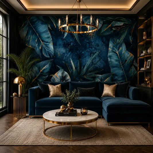 Midnight tropical luxe wallpaper in a navy velvet living room with gold chandelier