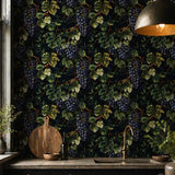 Dark botanical wallpaper full bedroom installation, rich purple vineyard accent wall