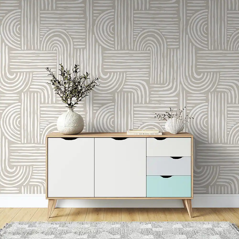 Minimal arch peel-and-stick wallpaper in home office, clean Scandinavian style wall