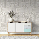 Minimal arch peel-and-stick wallpaper in home office, clean Scandinavian style wall