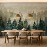 Foggy pine forest mural in a minimalist dining room with rattan pendant lights