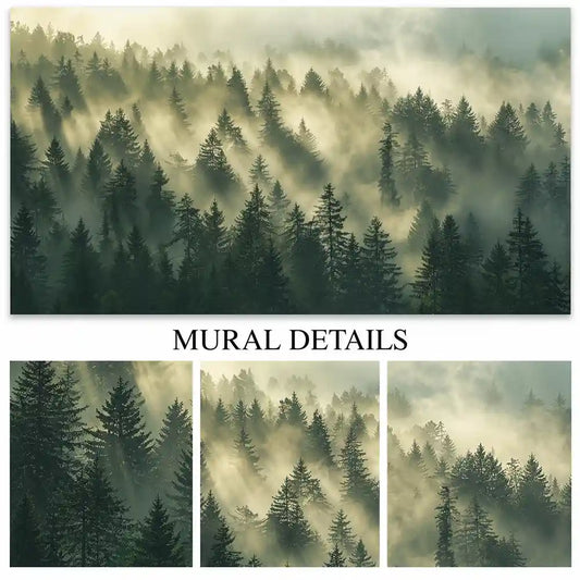 Misty pine forest mural details with layered evergreen trees and soft morning fog