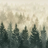Misty pine forest mural design with layered evergreens fading into soft fog