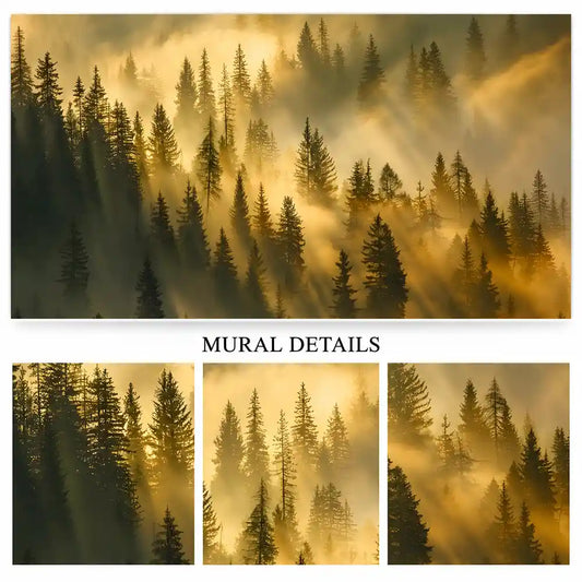 Close-up details of golden misty forest mural showing sunlit pine trees and fog