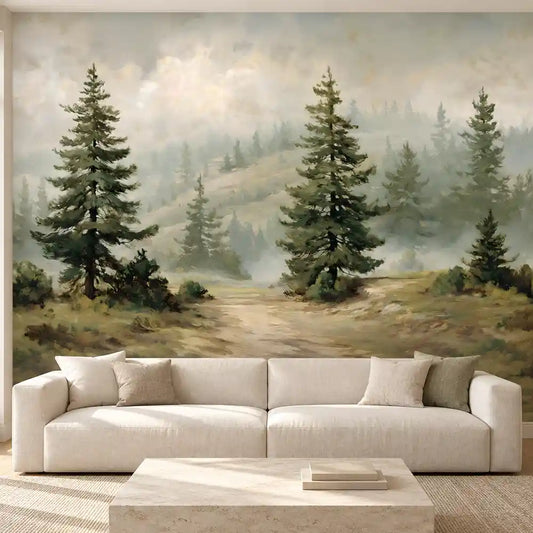 Misty pine forest wall mural with painted evergreens above a white living room sofa