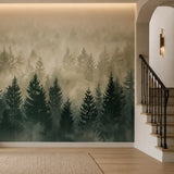 Misty pine haven mural on an entry hall wall beside a curved staircase