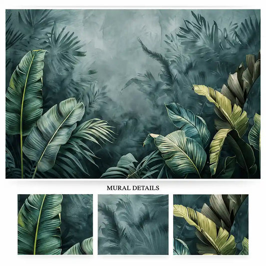 Tropical mist mural details with banana leaves and palm fronds fading into teal fog