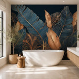 Noir palm mural wallpaper behind a freestanding tub in a bright modern bathroom