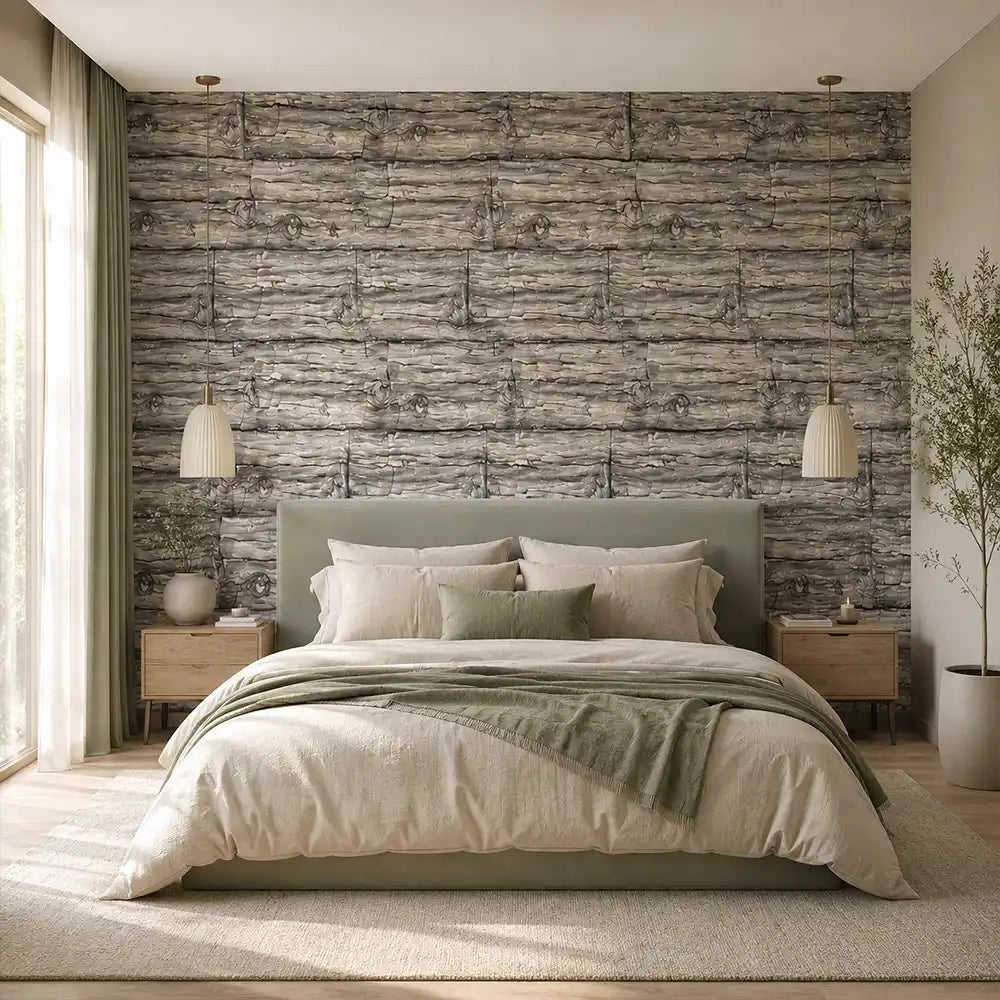 Modern charcoal timber wall wallpaper used on a living room feature wall.