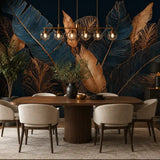 Navy and copper palm mural in a modern dining room with linear brass chandelier