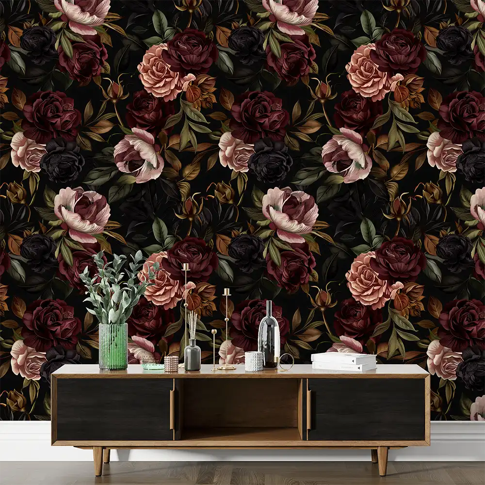 Moody Dark Rose Botanical Wall Mural to elevate your bedroom style.