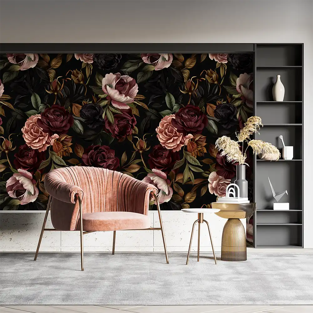 Enhance your living room with a Moody Dark Rose Botanical Wall Mural.