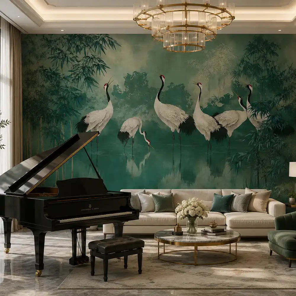 Teal crane mural wallpaper in a music room with grand piano and ring chandelier