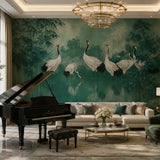 Teal crane mural wallpaper in a music room with grand piano and ring chandelier