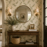 Natural olive branch watercolor wallpaper used on a dining room wall.