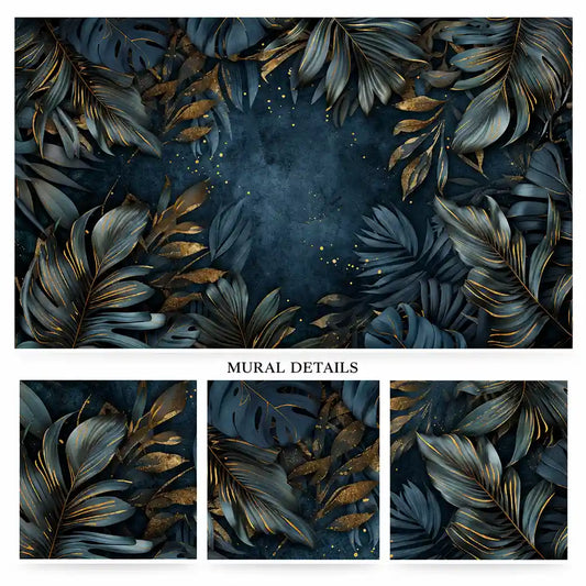 Close-up details of Midnight Tropica wallpaper with gilded leaf edges on a deep blue ground
