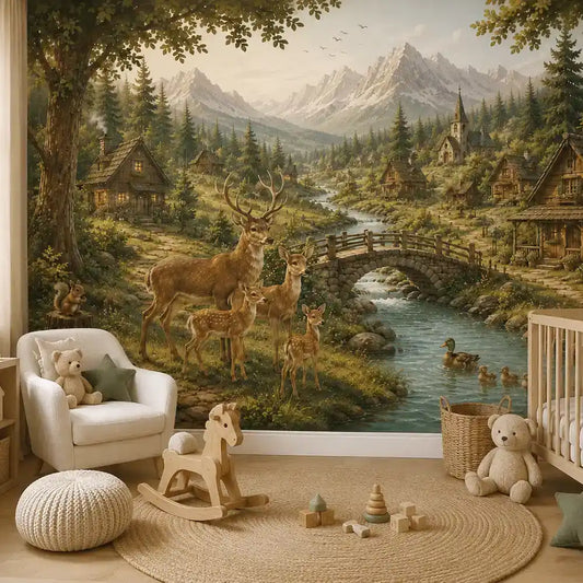 Deer village mural in a neutral nursery with crib, armchair and teddy bears