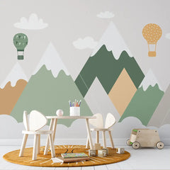 Scandinavian Mountain Balloon Wallpaper – Nordic Peel-and-Stick Nursery Kids Design