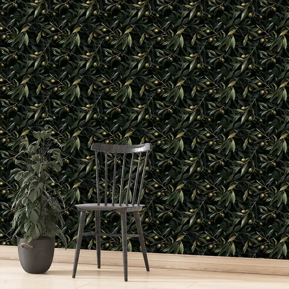 Dark olive wallpaper full bedroom installation, sophisticated deep green accent wall